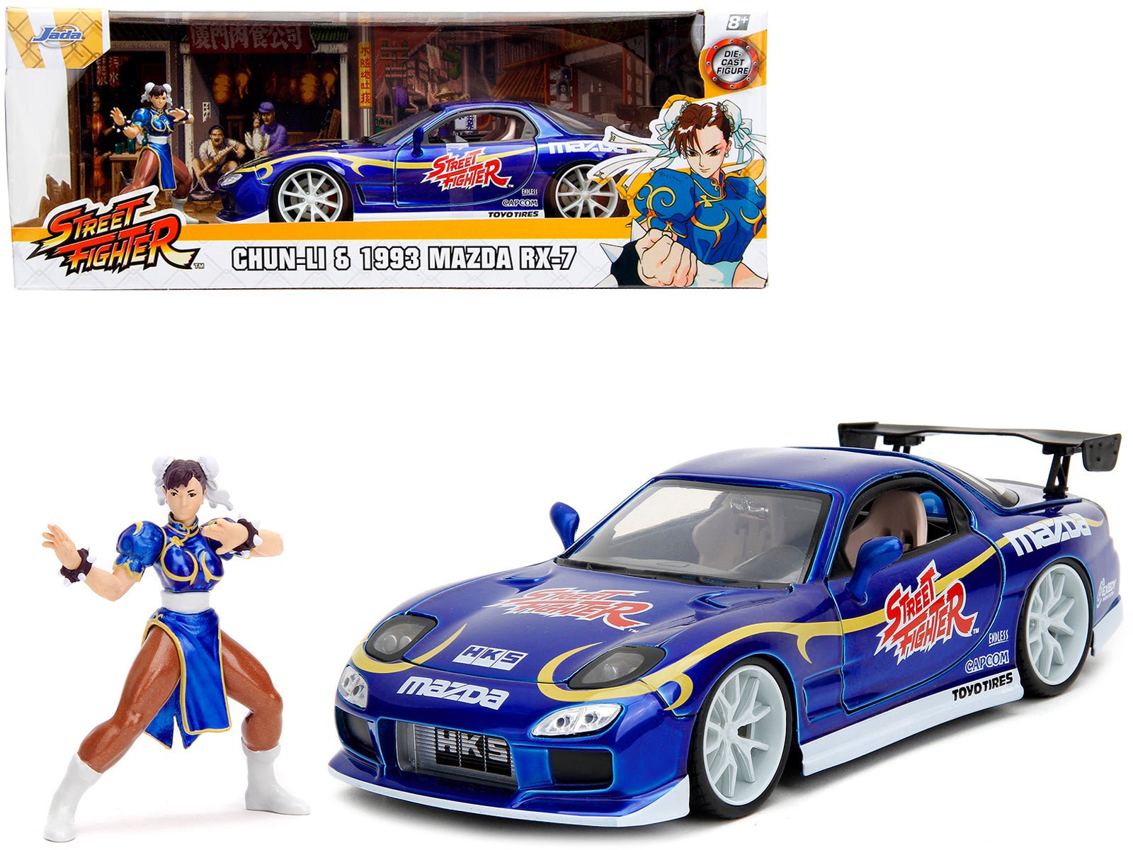 1993 Mazda RX - 7 Candy Blue Metallic with Graphics and Chun - Li Diecast Figure "Street Fighter" Video Game "Anime Hollywood Rides" Series 1/24 Diecast Model Car by Jada free shipping USA - Rapid Vehicles