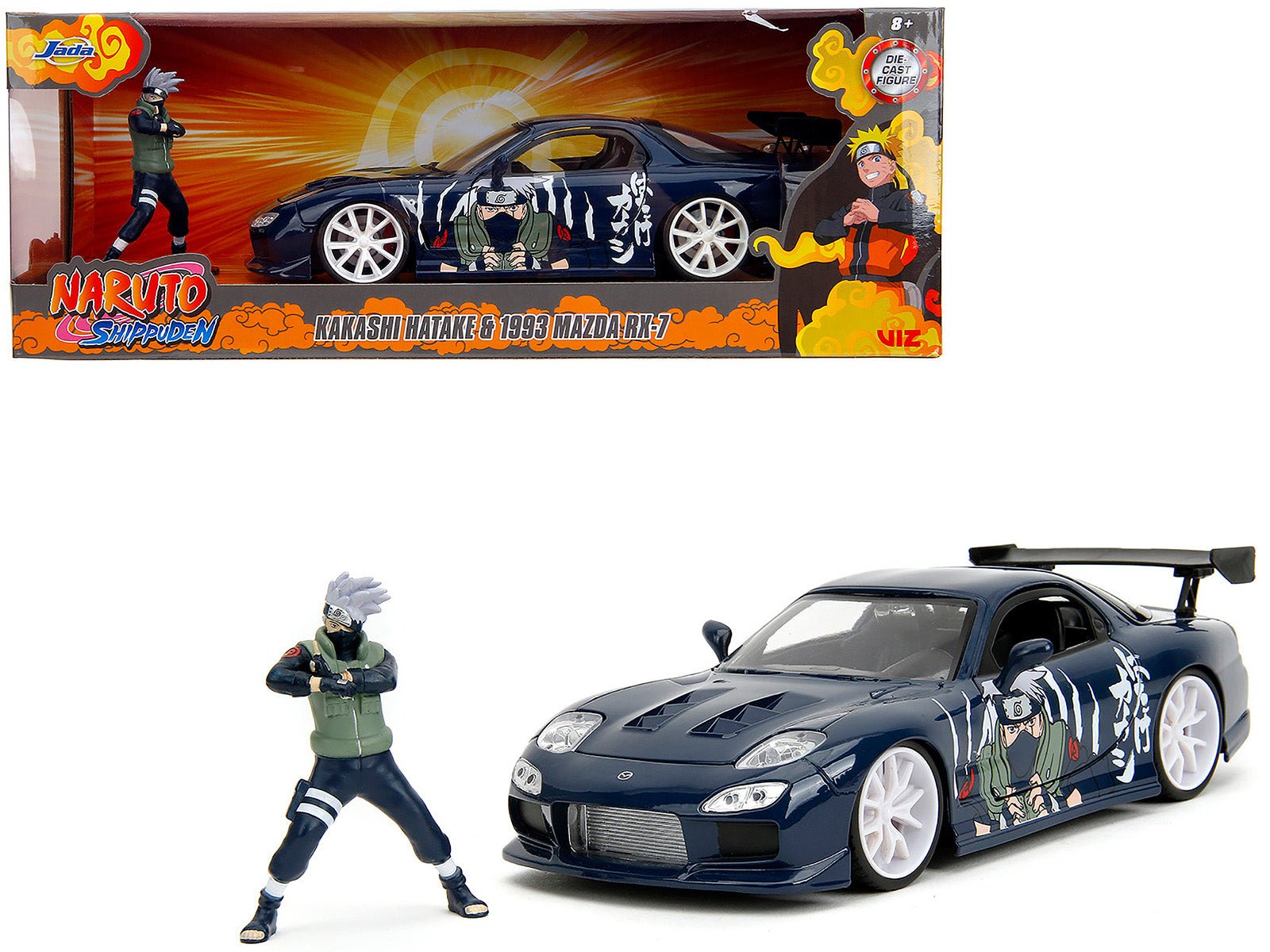 1993 Mazda RX - 7 Dark Blue with Graphics and Kakashi Hatake Diecast Figure "Naruto Shippuden" (2009 - 2017) TV Series "Anime Hollywood Rides" Series 1/24 Diecast Model Car by Jada free shipping USA - Rapid Vehicles