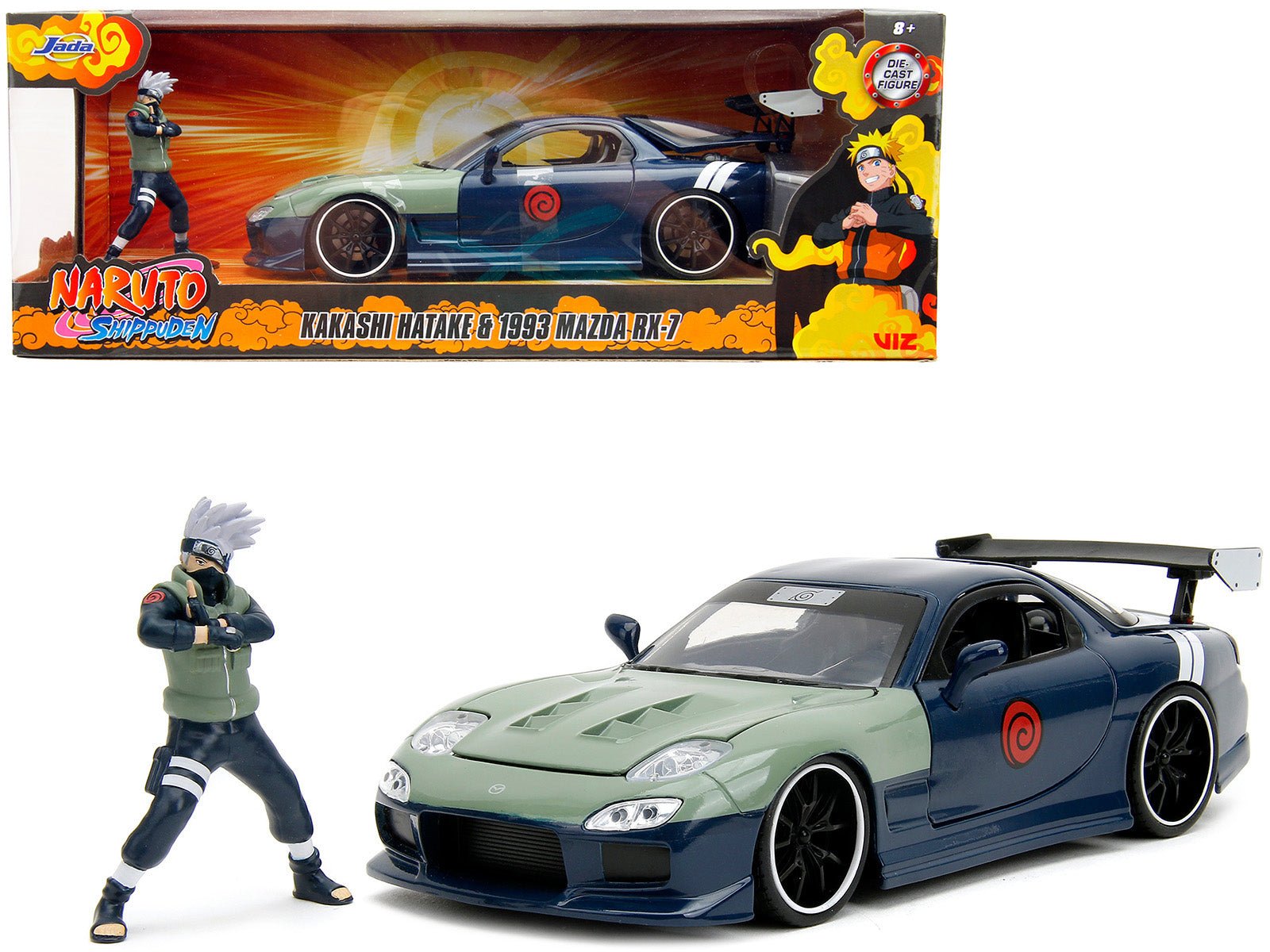 1993 Mazda RX - 7 Dark Blue with Green Hood and Kakashi Hatake Diecast Figure "Naruto Shippuden" (2009 - 2017) TV Series "Anime Hollywood Rides" Series 1/24 Diecast Model Car by Jada free shipping USA - Rapid Vehicles