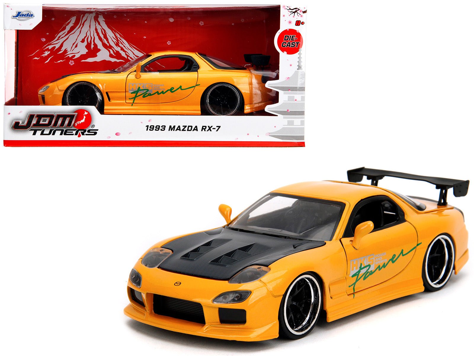 1993 Mazda RX - 7 "HKS Power" Yellow with Carbon Hood "JDM Tuners" Series 1/24 Diecast Model Car by Jada free shipping USA - Rapid Vehicles