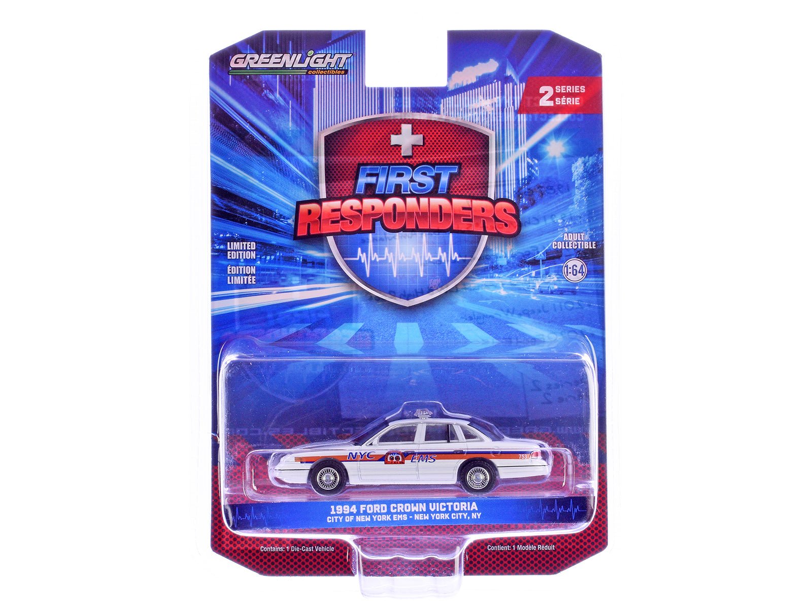 1994 Ford Crown Victoria "NYC EMS (City of New York Emergency Medical Service)" White with Blue and Red Stripes "First Responders" Series 2 1/64 Diecast Model Car by Greenlight free shipping USA - Rapid Vehicles