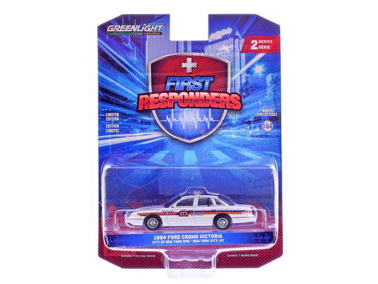 1994 Ford Crown Victoria "NYC EMS (City of New York Emergency Medical Service)" White with Blue and Red Stripes "First Responders" Series 2 1/64 Diecast Model Car by Greenlight free shipping USA - Rapid Vehicles