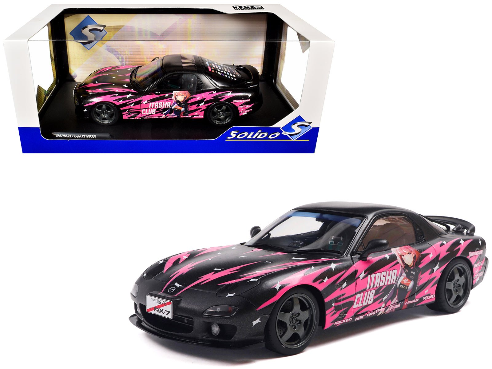 1994 Mazda RX7 (FDRS) RHD (Right Hand Drive) "Itasha Club" Black Metallic with Pink Graphics 1/18 Diecast Model Car by Solido free shipping USA - Rapid Vehicles