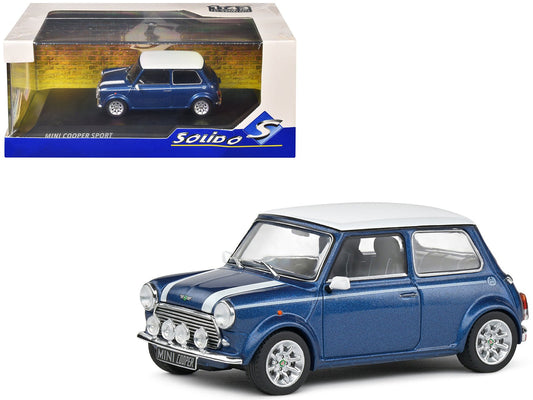 1994 Mini Cooper Sport Tahiti Blue Metallic with White Top and Stripes 1/43 Diecast Model Car by Solido free shipping USA - Rapid Vehicles