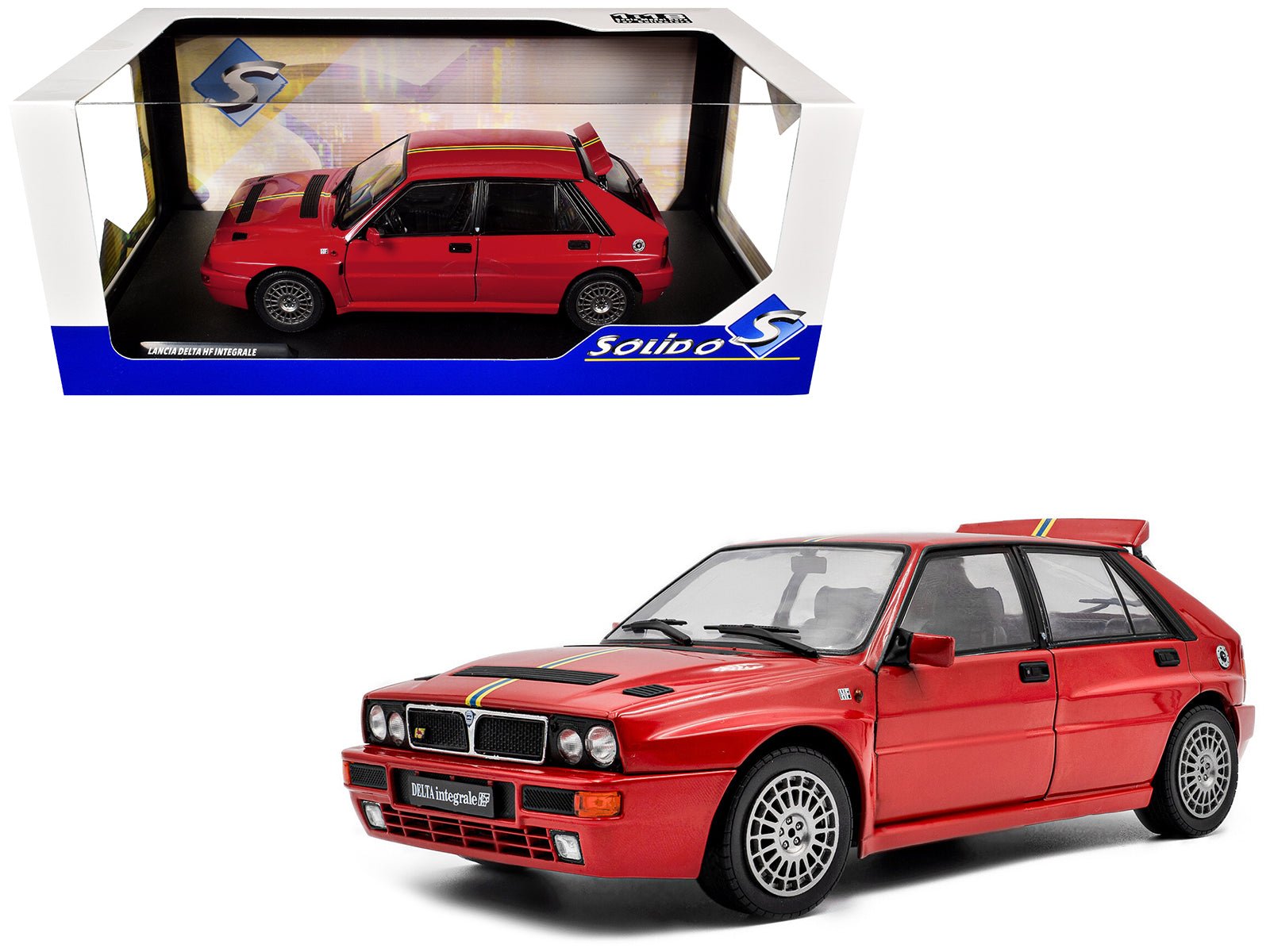 1995 Lancia Delta HF Integrale Edizione Finale Red with Stripes 1/18 Diecast Model Car by Solido free shipping USA - Rapid Vehicles