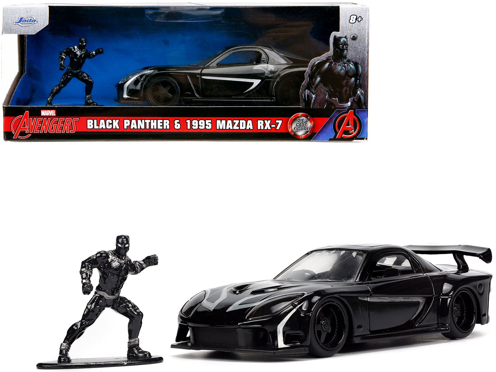 1995 Mazda RX - 7 RHD (Right Hand Drive) Black and Black Panther Diecast Figure "The Avengers" "Hollywood Rides" Series 1/32 Diecast Model Car by Jada free shipping USA - Rapid Vehicles