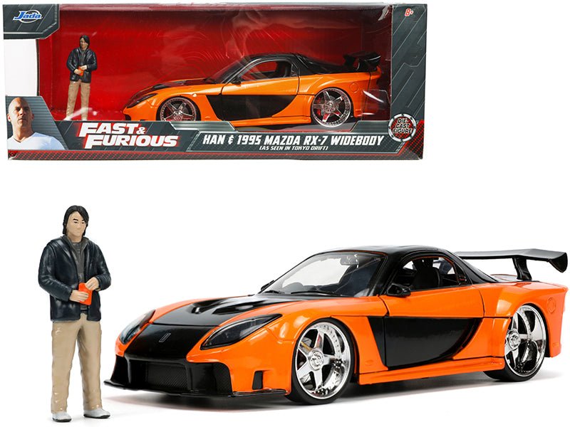 1995 Mazda RX-7 Widebody RHD (Right Hand Drive) Orange Metallic and Black with Han Diecast Figurine "The Fast and the Furious: Tokyo Drift" (2006) Movie 1/24 Diecast Model Car by Jada free shipping USA - Rapid Vehicles