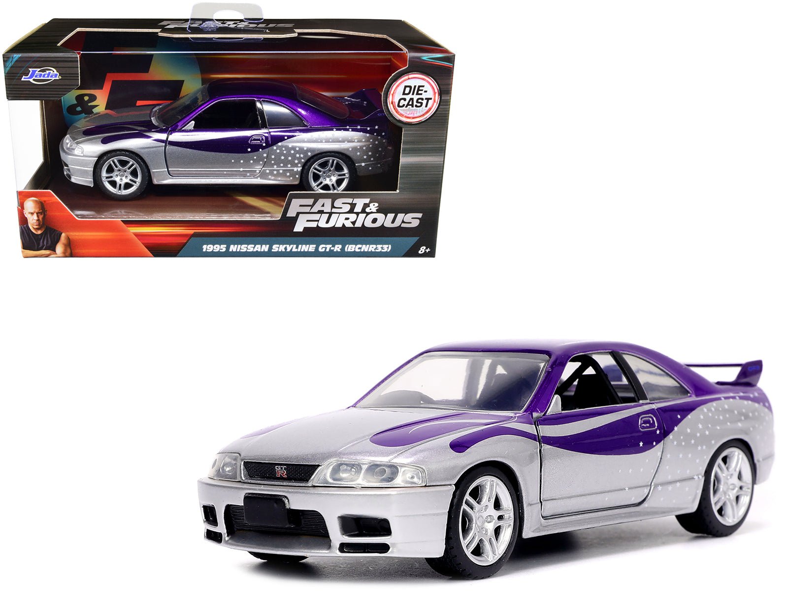 1995 Nissan Skyline GT - R (BCNR33) Purple and Silver Metallic "Fast & Furious" Series 1/32 Diecast Model Car by Jada free shipping USA - Rapid Vehicles