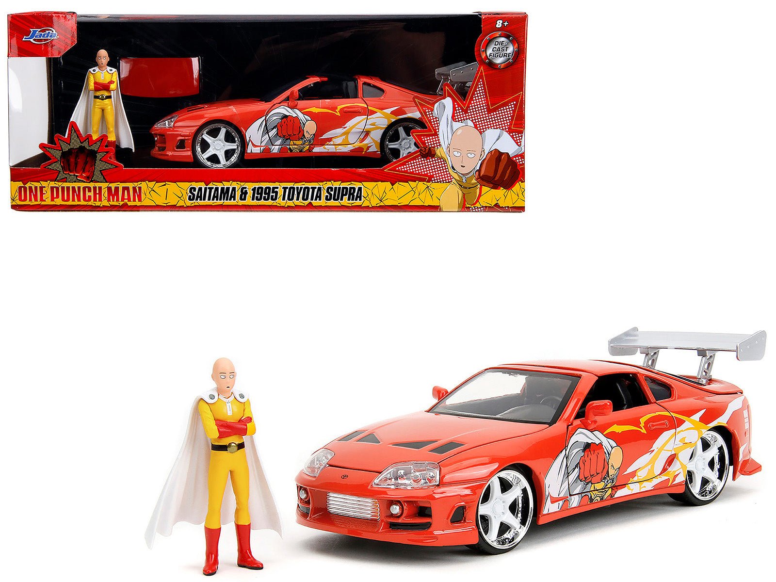 1995 Toyota Supra Red with Graphics and Saitama Diecast Figure "One Punch Man" (2015 - 2019) TV Series 1/24 Diecast Model by Jada free shipping USA - Rapid Vehicles