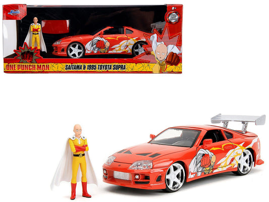 1995 Toyota Supra Red with Graphics and Saitama Diecast Figure "One Punch Man" (2015 - 2019) TV Series 1/24 Diecast Model by Jada free shipping USA - Rapid Vehicles