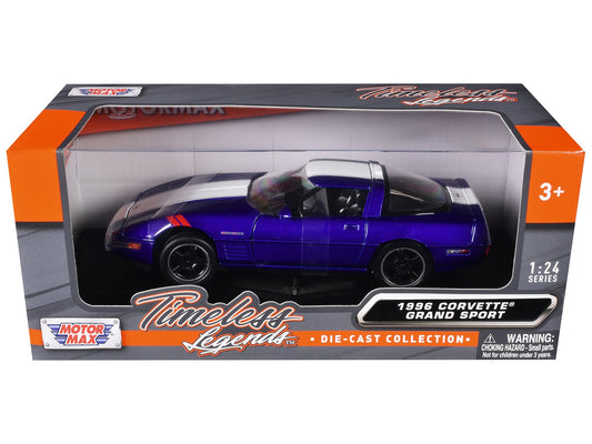 1996 Chevrolet Corvette Grand Sport Blue Metallic with White Stripes "Timeless Legends" Series 1/24 Diecast Model Car by Motormax free shipping USA - Rapid Vehicles