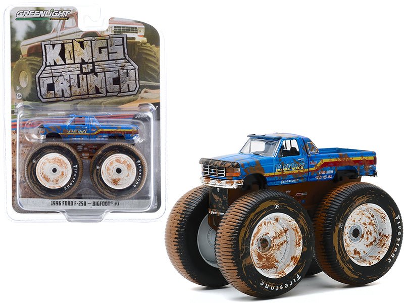 1996 Ford F-250 Monster Truck "Bigfoot 7" Blue (Dirty Version) "Kings of Crunch" Series 7 1/64 Diecast Model Car by Greenlight free shipping USA - Rapid Vehicles