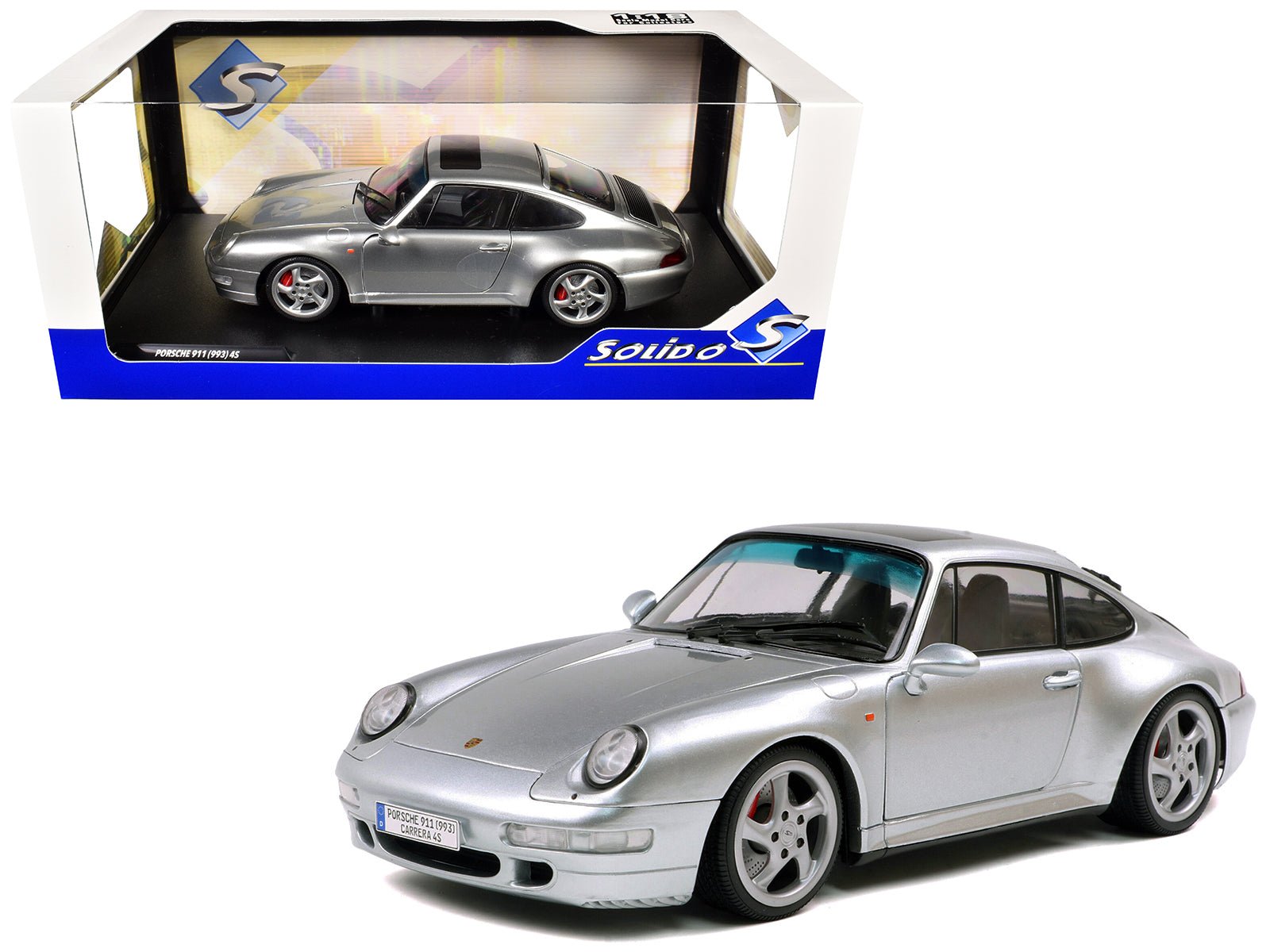 1996 Porsche 911 (993) 4S Polar Silver Metallic 1/18 Diecast Model Car by Solido free shipping USA - Rapid Vehicles