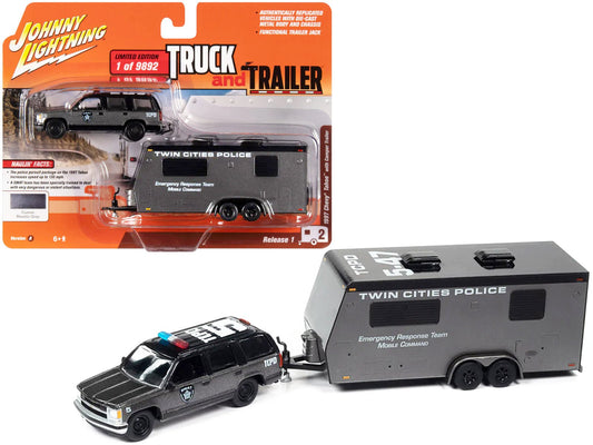 1997 Chevrolet Tahoe "SWAT" Custom Gray Metallic and Black with "Twin Cities Police" Camper Trailer Limited Edition to 9892 pieces Worldwide "Truck and Trailer" Series 1/64 Diecast Model Car by Johnny Lightning free shipping USA - Rapid Vehicles
