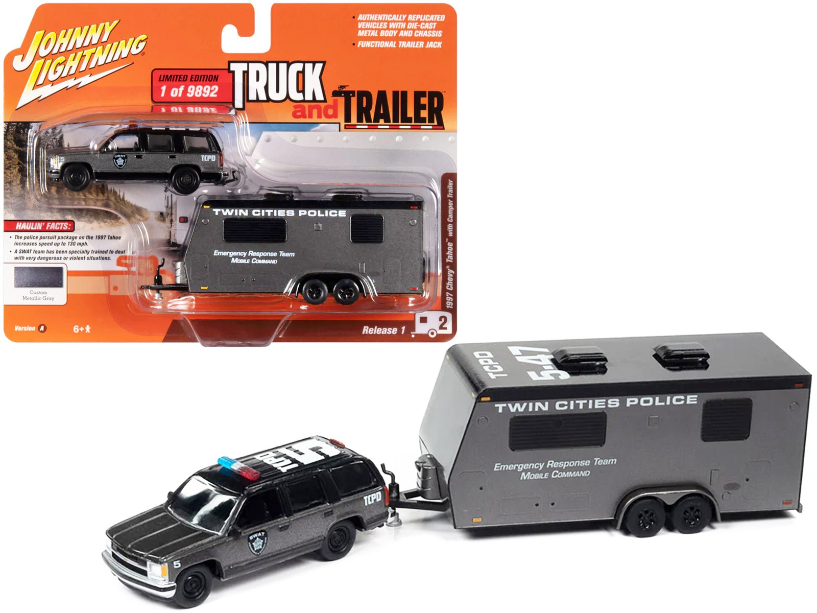 1997 Chevrolet Tahoe "SWAT" Custom Gray Metallic and Black with "Twin Cities Police" Camper Trailer Limited Edition to 9892 pieces Worldwide "Truck and Trailer" Series 1/64 Diecast Model Car by Johnny Lightning free shipping USA - Rapid Vehicles