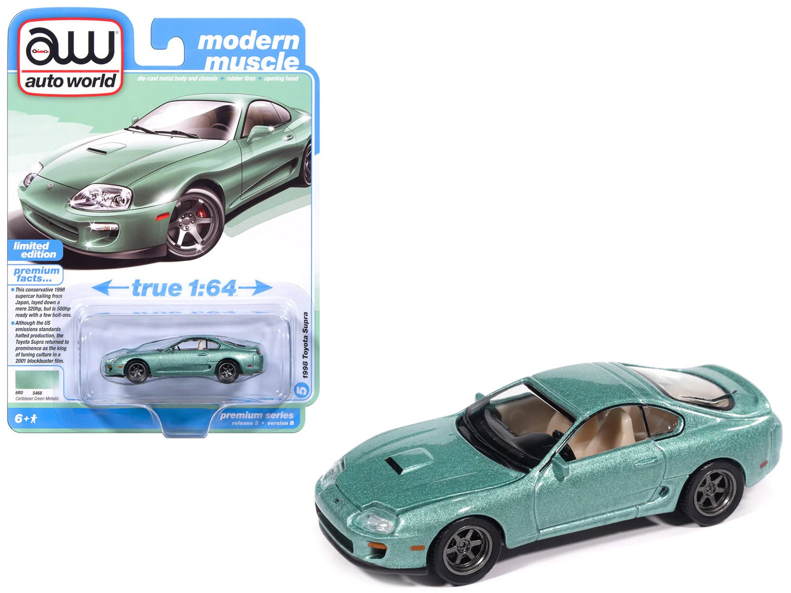 1998 Toyota Supra Caribbean Green Metallic "Modern Muscle" Series 1/64 Diecast Model Car by Auto World free shipping USA - Rapid Vehicles