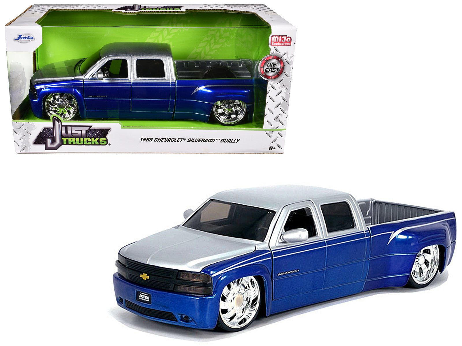 1999 Chevrolet Silverado Dually Pickup Truck Blue Metallic and Silver with Custom KMC Wheels "Just Trucks" Series 1/24 Diecast Model Car by Jada free shipping USA - Rapid Vehicles