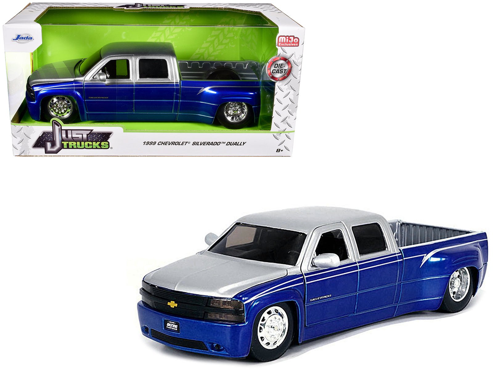 1999 Chevrolet Silverado Dually Pickup Truck Blue Metallic and Silver with Stock Wheels "Just Trucks" Series 1/24 Diecast Model Car by Jada free shipping USA - Rapid Vehicles