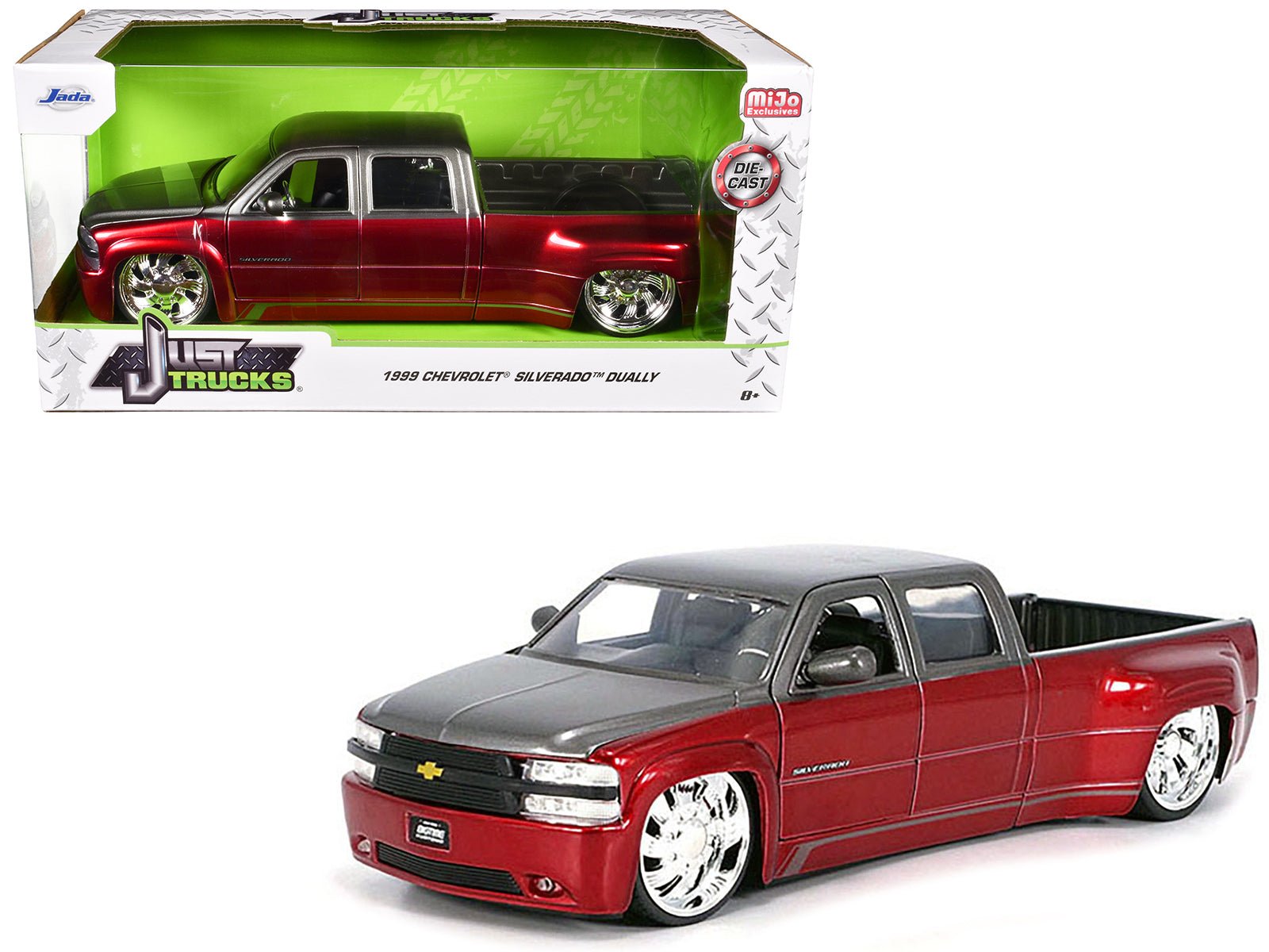 1999 Chevrolet Silverado Dually Pickup Truck Red Metallic and Gray with Custom KMC Wheels "Just Trucks" Series 1/24 Diecast Model Car by Jada free shipping USA - Rapid Vehicles