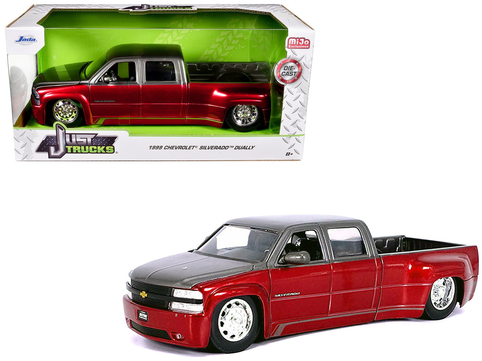 1999 Chevrolet Silverado Dually Pickup Truck Red Metallic and Gray with Stock Wheels "Just Trucks" Series 1/24 Diecast Model Car by Jada free shipping USA - Rapid Vehicles