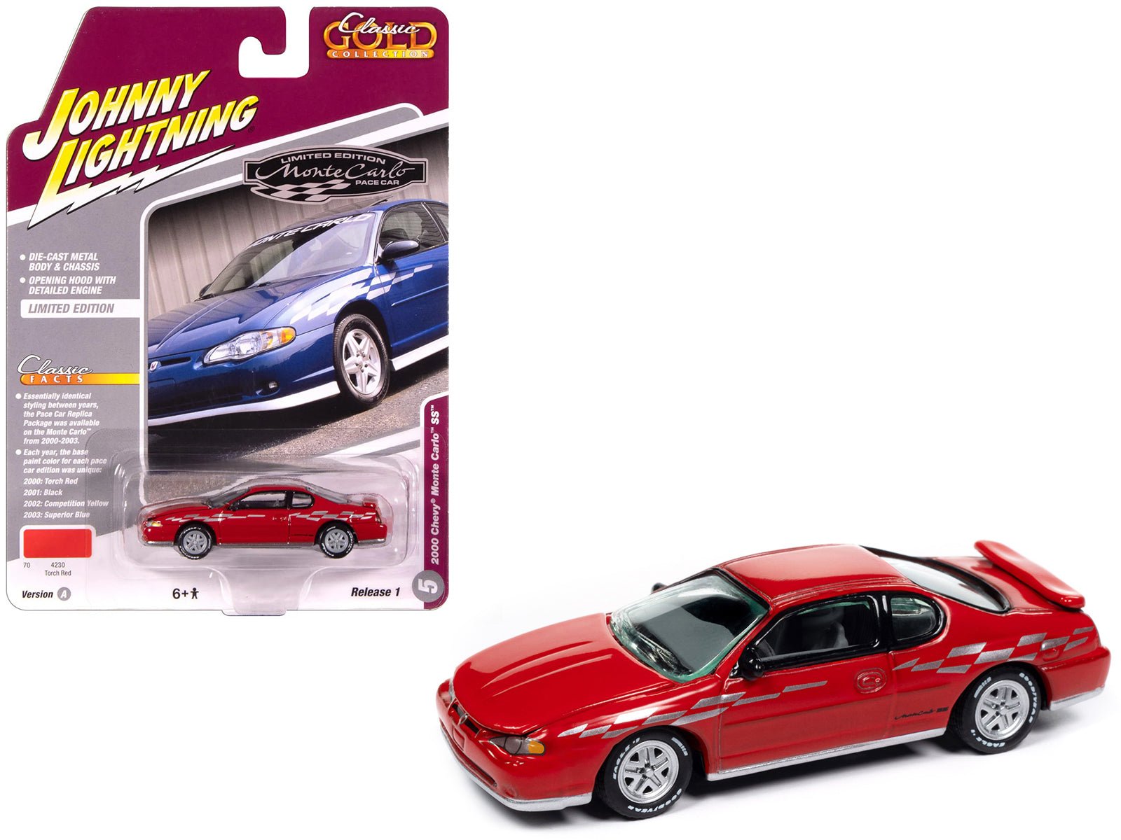 2000 Chevrolet Monte Carlo SS Torch Red with Silver Graphics "Classic Gold Collection" 1/64 Diecast Model Car by Johnny Lightning free shipping USA - Rapid Vehicles