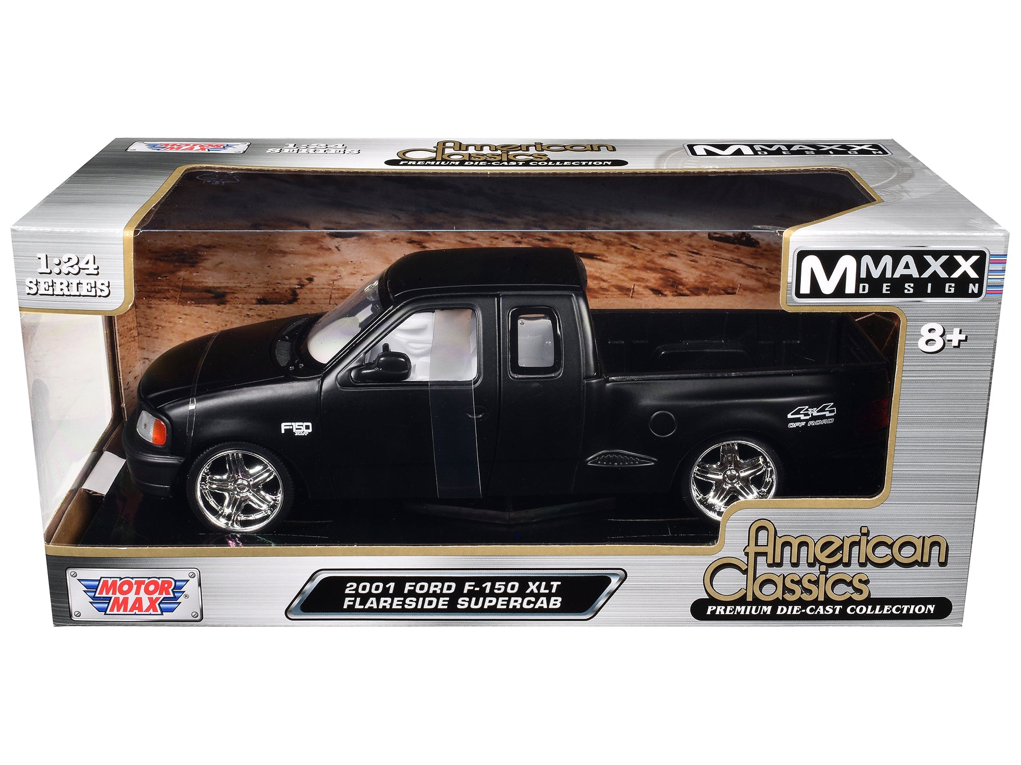 2001 Ford F - 150 XLT Flareside Supercab Pickup Truck Matt Black with White Interior "Maxx Design" "American Classics" Series 1/24 Diecast Model Car by Motormax free shipping USA - Rapid Vehicles