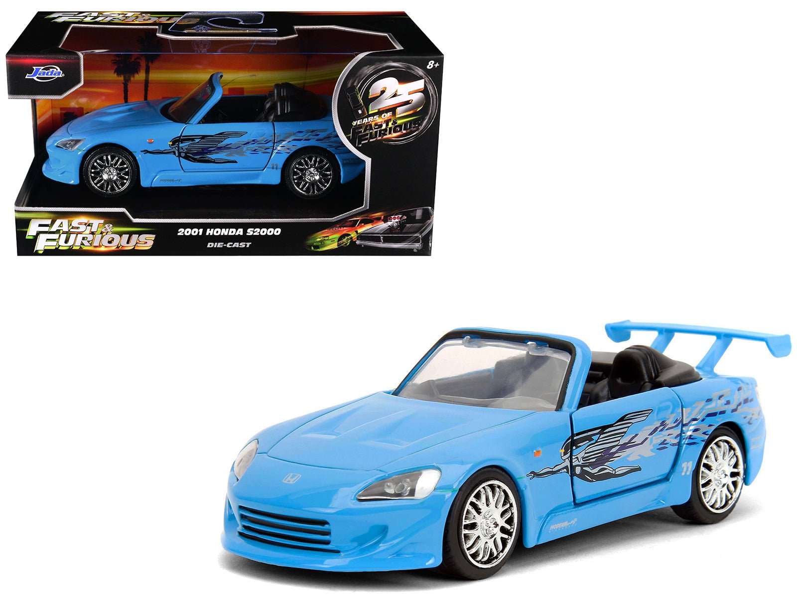 2001 Honda S2000 Convertible Blue with Graphics "Fast & Furious Remix - 25th Anniversary" Series 1/32 Diecast Model Car by Jada free shipping USA - Rapid Vehicles
