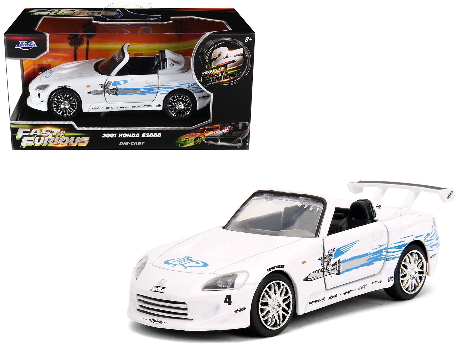 2001 Honda S2000 Convertible White with Graphics "Fast & Furious Remix - 25th Anniversary" Series 1/32 Diecast Model Car by Jada free shipping USA - Rapid Vehicles
