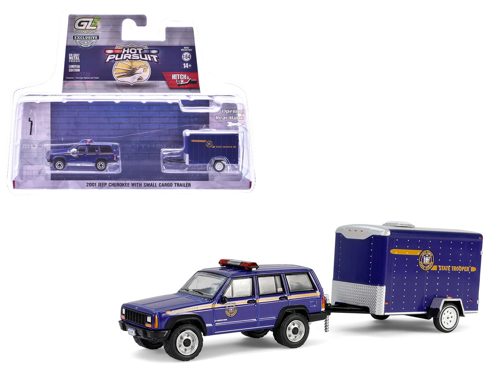2001 Jeep Cherokee "New York State Police" Blue with Yellow Stripes and Small Cargo Trailer "Hot Pursuit Hitch & Tow" Series 1 1/64 Diecast Model Cars by Greenlight free shipping USA - Rapid Vehicles