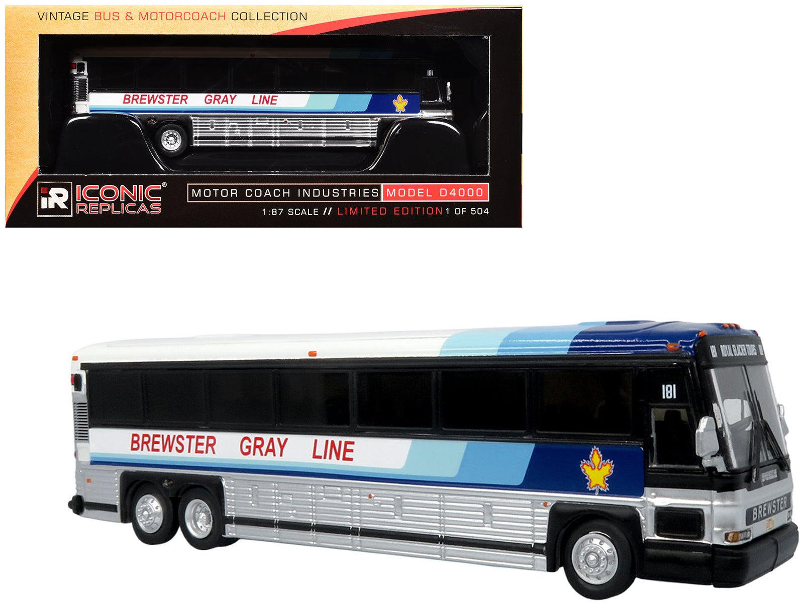 2001 MCI D4000 Coach Bus "Brewster Gray Line" White with Blue Stripes "Vintage Bus & Motorcoach Collection" Limited Edition to 504 pieces Worldwide 1/87 (HO) Diecast Model by Iconic Replicas free shipping USA - Rapid Vehicles