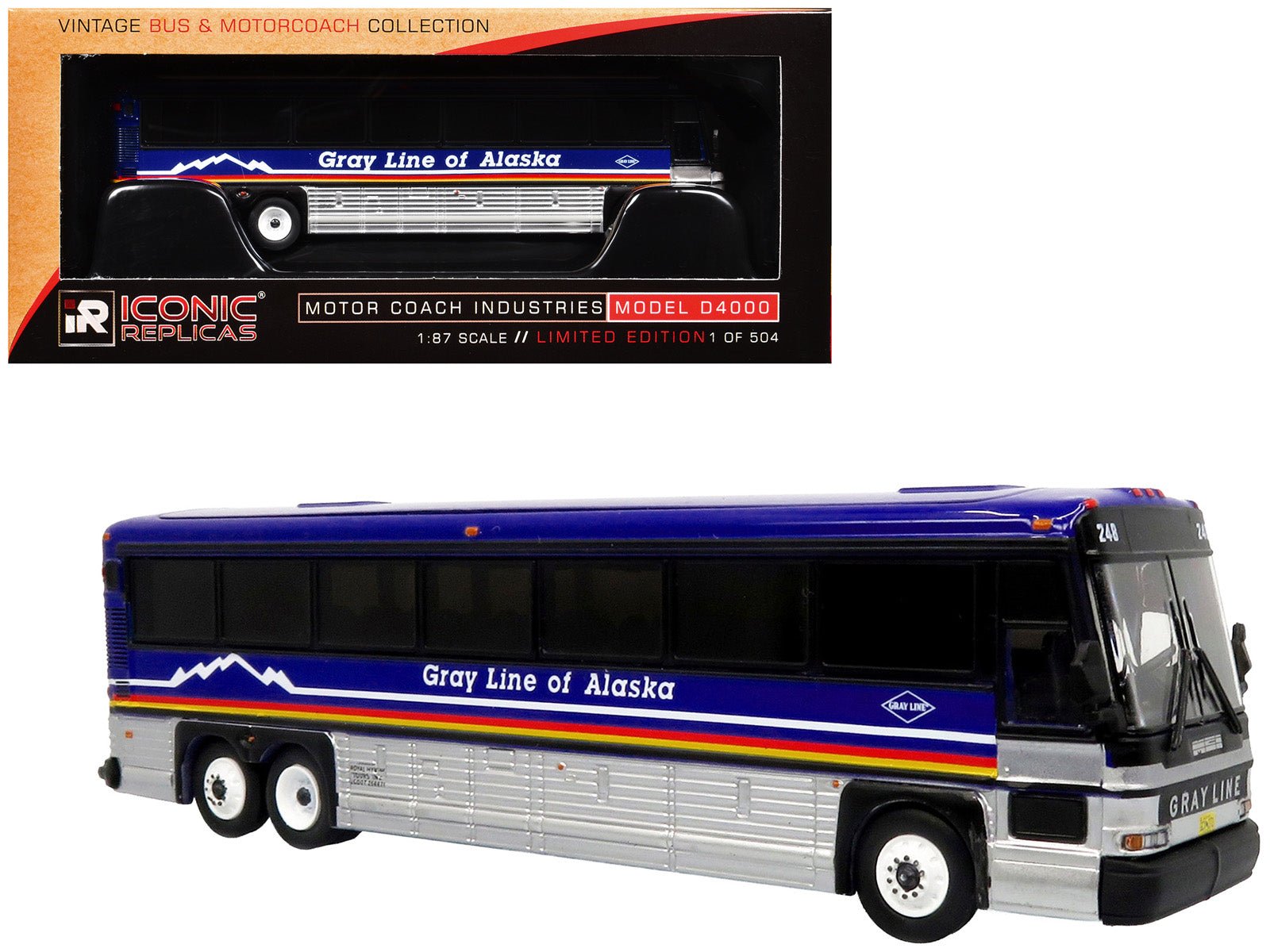 2001 MCI D4000 Coach Bus "Gray Line of Alaska" Dark Blue with Stripes "Vintage Bus & Motorcoach Collection" Limited Edition to 504 pieces Worldwide 1/87 (HO) Diecast Model by Iconic Replicas free shipping USA - Rapid Vehicles