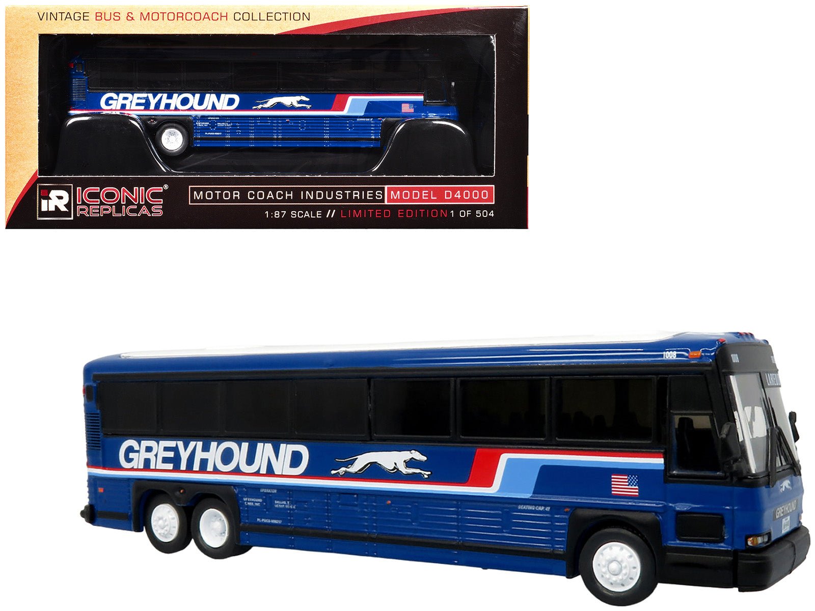2001 MCI D4000 Coach Bus "Greyhound" Blue with Stripes "Vintage Bus & Motorcoach Collection" Limited Edition to 504 pieces Worldwide 1/87 (HO) Diecast Model by Iconic Replicas free shipping USA - Rapid Vehicles