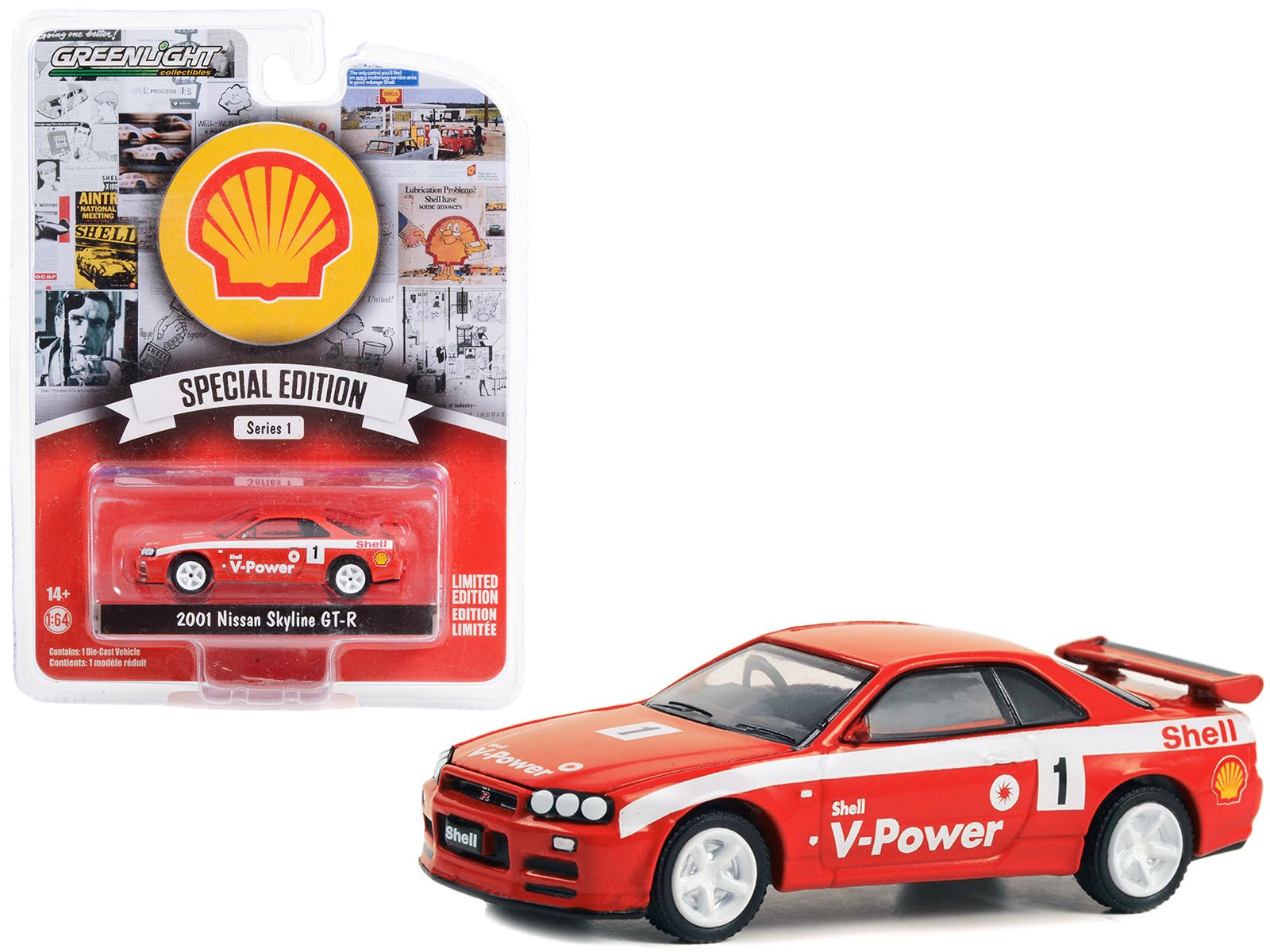 2001 Nissan Skyline GT - R (R34) 1 Red with White Stripes "Shell Racing" "Shell Oil Special Edition" Series 1 1/64 Diecast Model Car by Greenlight free shipping USA - Rapid Vehicles