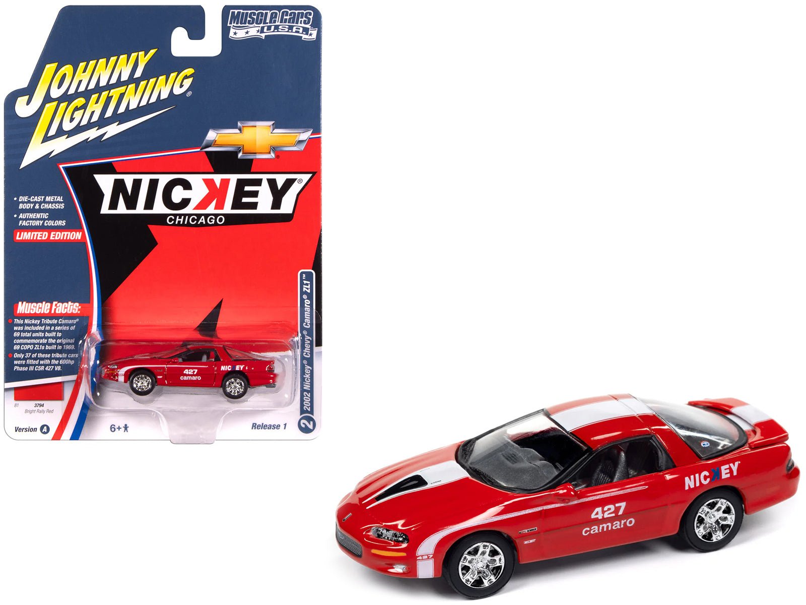 2002 Chevrolet Nickey Camaro ZL1 Bright Rally Red with White Stripes "Muscle Cars USA" Series 1/64 Diecast Model Car by Johnny Lightning free shipping USA - Rapid Vehicles