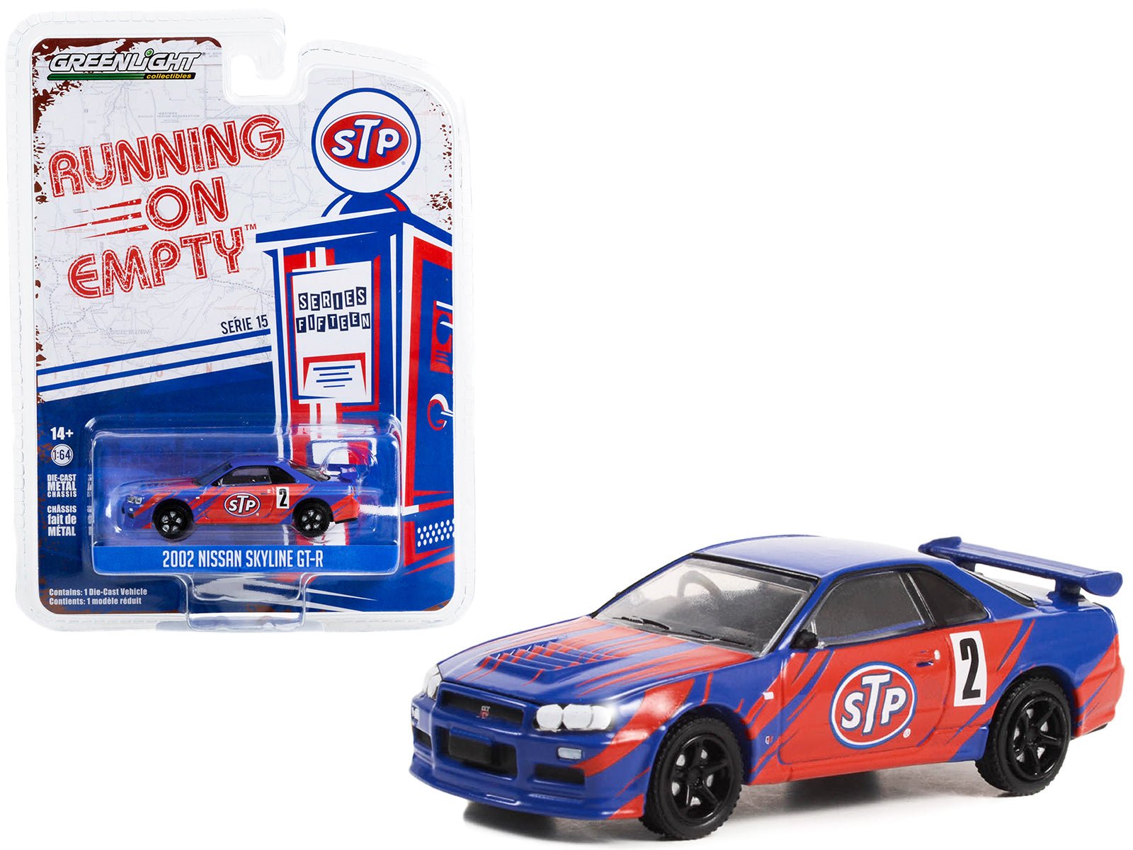 2002 Nissan Skyline GT - R (R34) 2 Blue with Red Graphics "STP" "Running on Empty" Series 15 1/64 Diecast Model Car by Greenlight free shipping USA - Rapid Vehicles