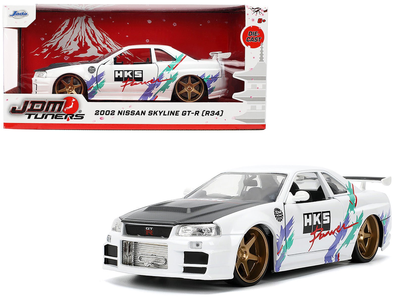 2002 Nissan Skyline GT - R (R34) RHD (Right Hand Drive) "HKS Power" White with Carbon Hood and Graphics "JDM Tuners" Series 1/24 Diecast Model Car by Jada free shipping USA - Rapid Vehicles