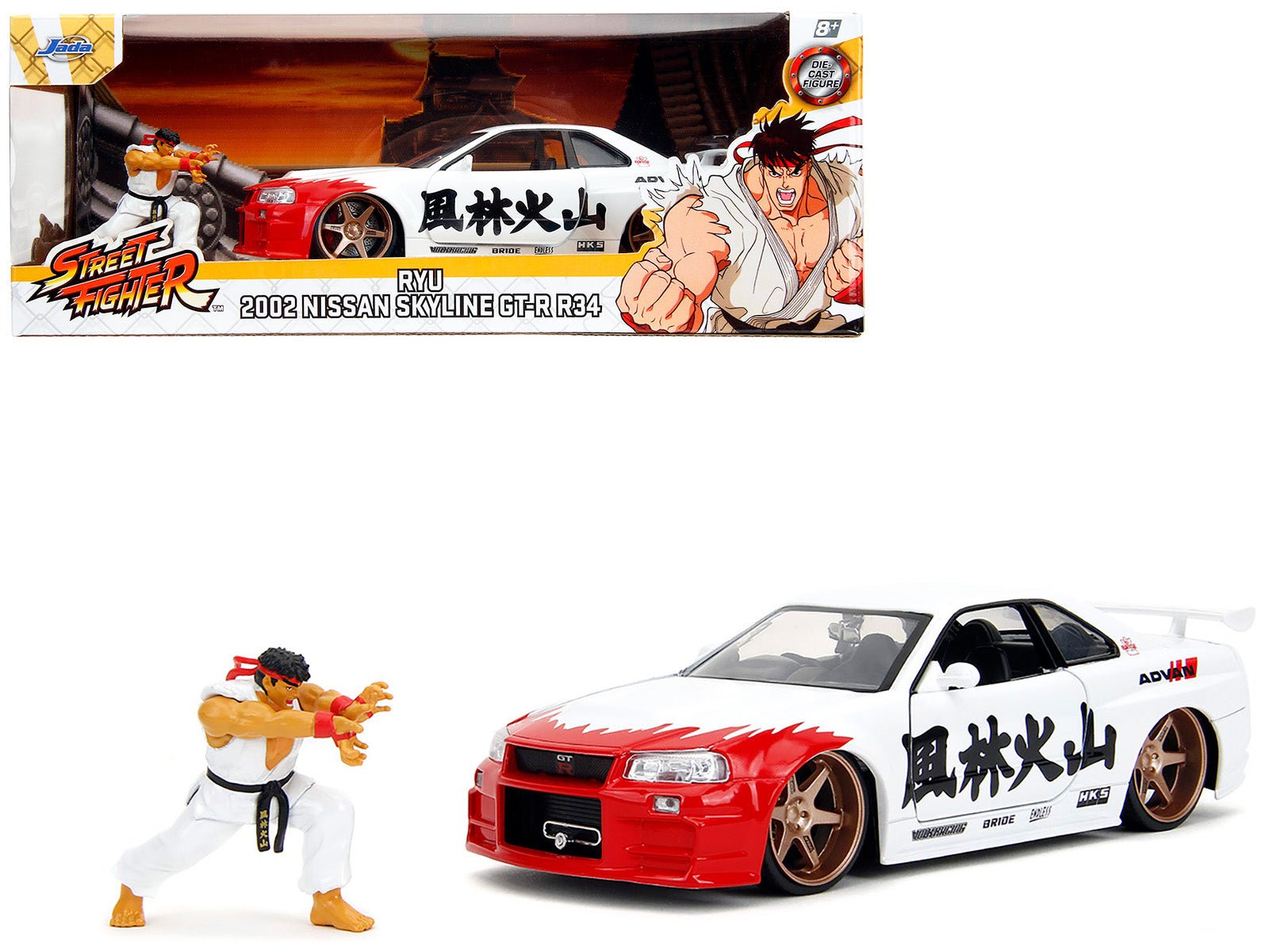 2002 Nissan Skyline GT - R (R34) RHD (Right Hand Drive) White with Red Graphics and Ryu Diecast Figure "Street Fighter" Video Game "Anime Hollywood Rides" Series 1/24 Diecast Model Car by Jada free shipping USA - Rapid Vehicles