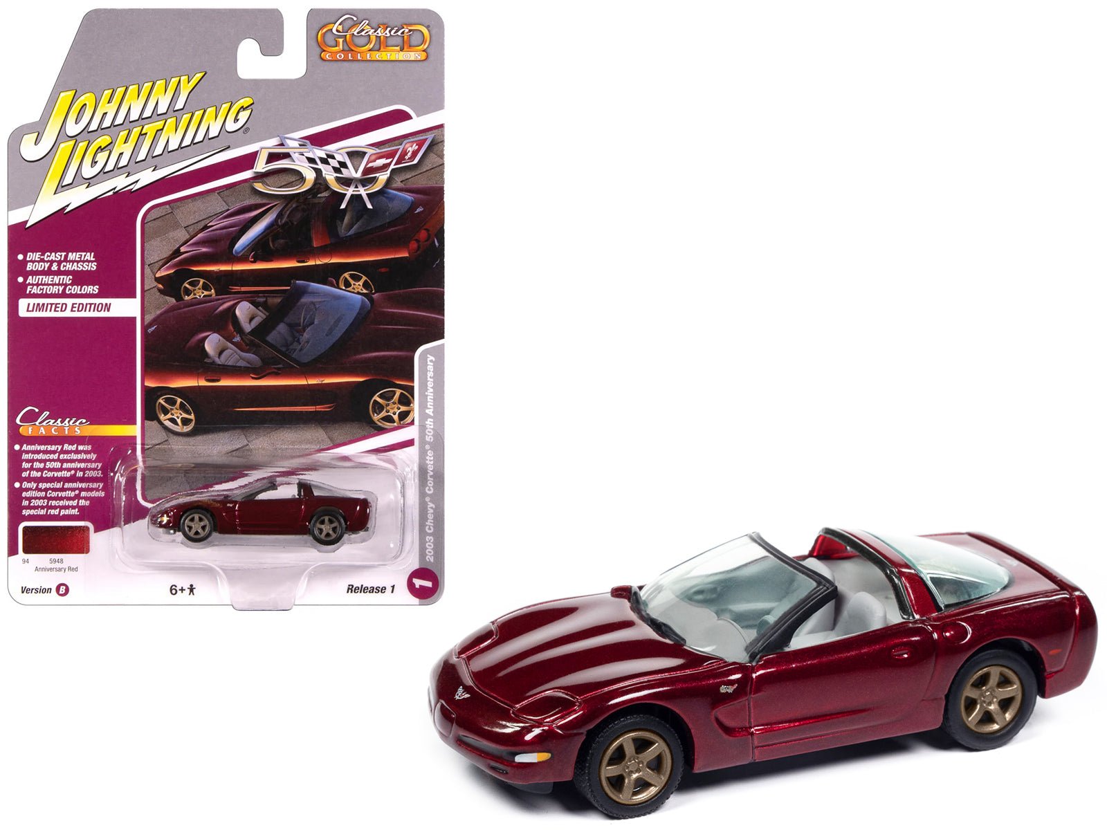 2003 Chevrolet Corvette Convertible "50th Anniversary" Anniversary Red Metallic "Classic Gold Collection" 1/64 Diecast Model Car by Johnny Lightning free shipping USA - Rapid Vehicles
