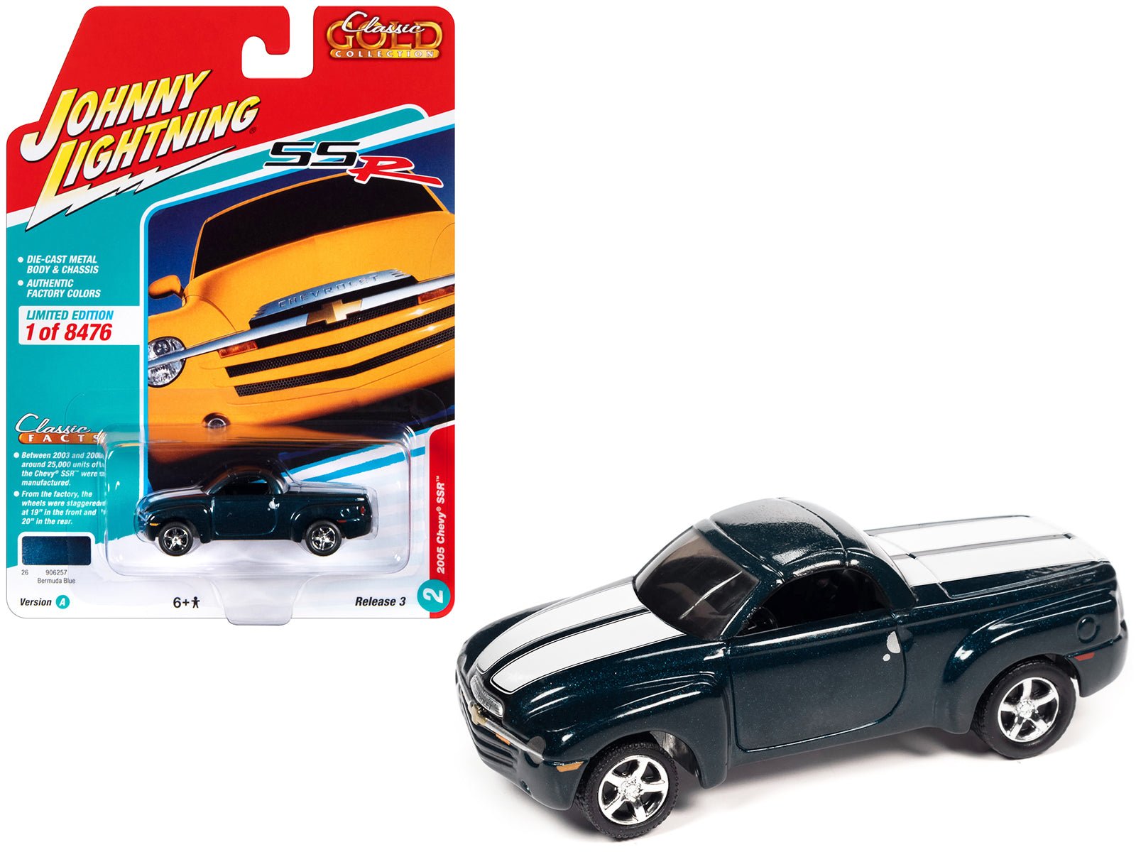 2005 Chevrolet SSR Pickup Truck Bermuda Blue Metallic with White Stripes "Classic Gold Collection" Series Limited Edition to 8476 pieces Worldwide 1/64 Diecast Model Car by Johnny Lightning free shipping USA - Rapid Vehicles