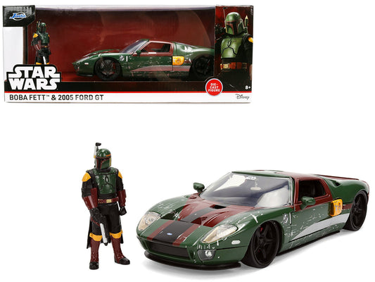 2005 Ford GT Green (Weathered) with Graphics and Boba Fett Figure "Star Wars" Franchise "Hollywood Rides" Series 1/24 Diecast Model Car by Jada free shipping USA - Rapid Vehicles