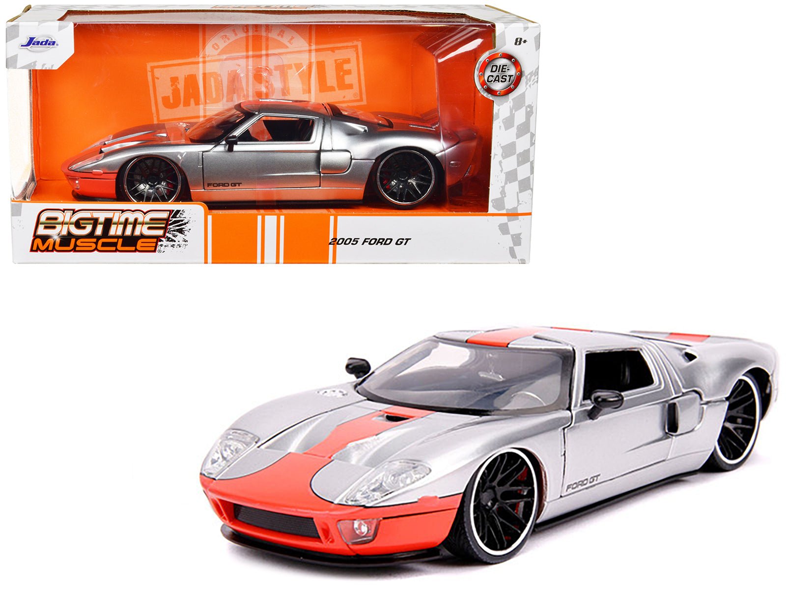 2005 Ford GT Silver with Orange Stripe "Bigtime Muscle" 1/24 Diecast Model Car by Jada free shipping USA - Rapid Vehicles