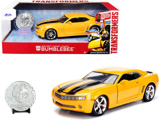 2006 Chevrolet Camaro Concept Yellow Bumblebee with Robot on Chassis and Collectible Metal Coin "Transformers" Movie 1/24 Diecast Model Car by Jada free shipping USA - Rapid Vehicles