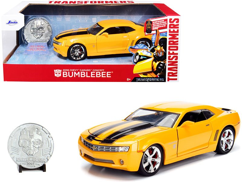 2006 Chevrolet Camaro Concept Yellow Bumblebee with Robot on Chassis and Collectible Metal Coin "Transformers" Movie 1/24 Diecast Model Car by Jada free shipping USA - Rapid Vehicles