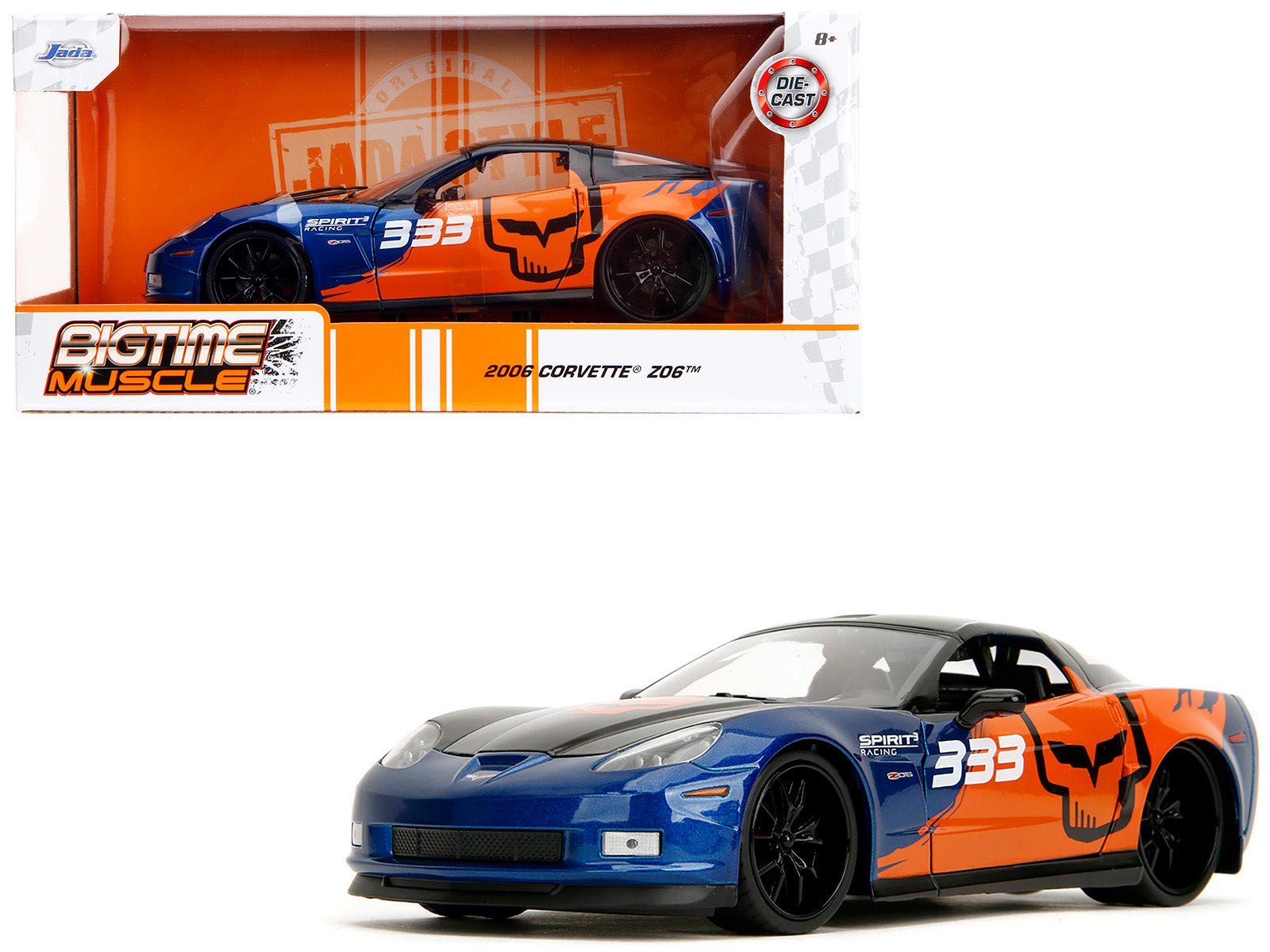 2006 Chevrolet Corvette Z06 333 "Spirit Racing" Blue Metallic and Orange with Black Hood and Top "Bigtime Muscle" Series 1/24 Diecast Model Car by Jada free shipping USA - Rapid Vehicles