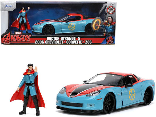 2006 Chevrolet Corvette Z06 Red and Blue with Doctor Strange Diecast Figurine "Avengers" "Marvel" Series "Hollywood Rides" 1/24 Diecast Model Car by Jada free shipping USA - Rapid Vehicles