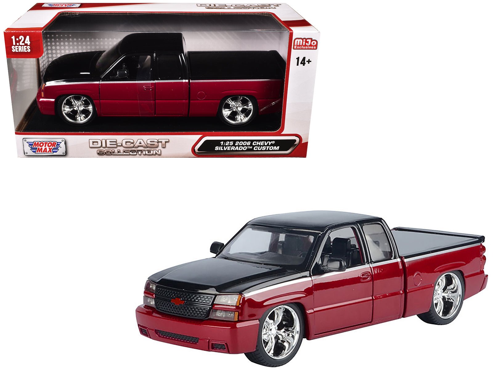 2006 Chevrolet Silverado Custom Pickup Truck Red Metallic and Black with Silver Stripes "Die - Cast Collection" Series 1/25 Diecast Model Car by Motormax free shipping USA - Rapid Vehicles