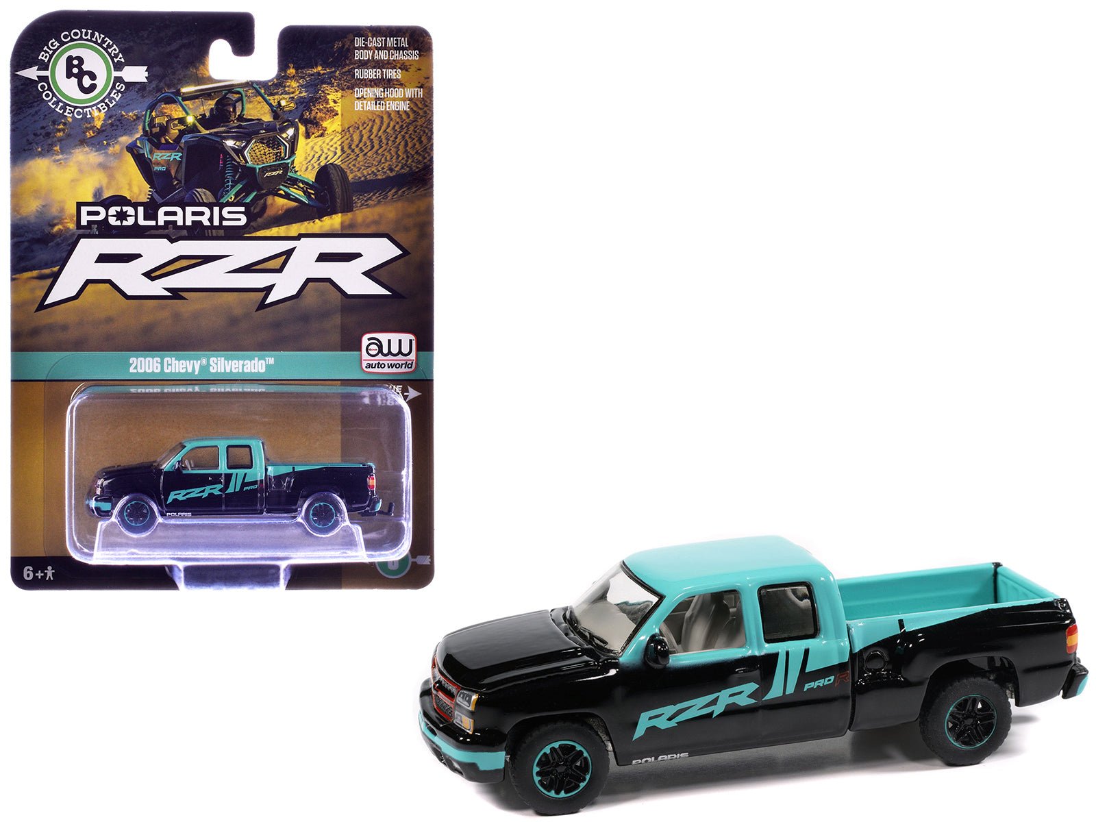 2006 Chevrolet Silverado Pickup Truck "Polaris RZR" Black and Blue "Big Country Collectibles" 2025 Series 1/64 Diecast Model Car by Auto World free shipping USA - Rapid Vehicles
