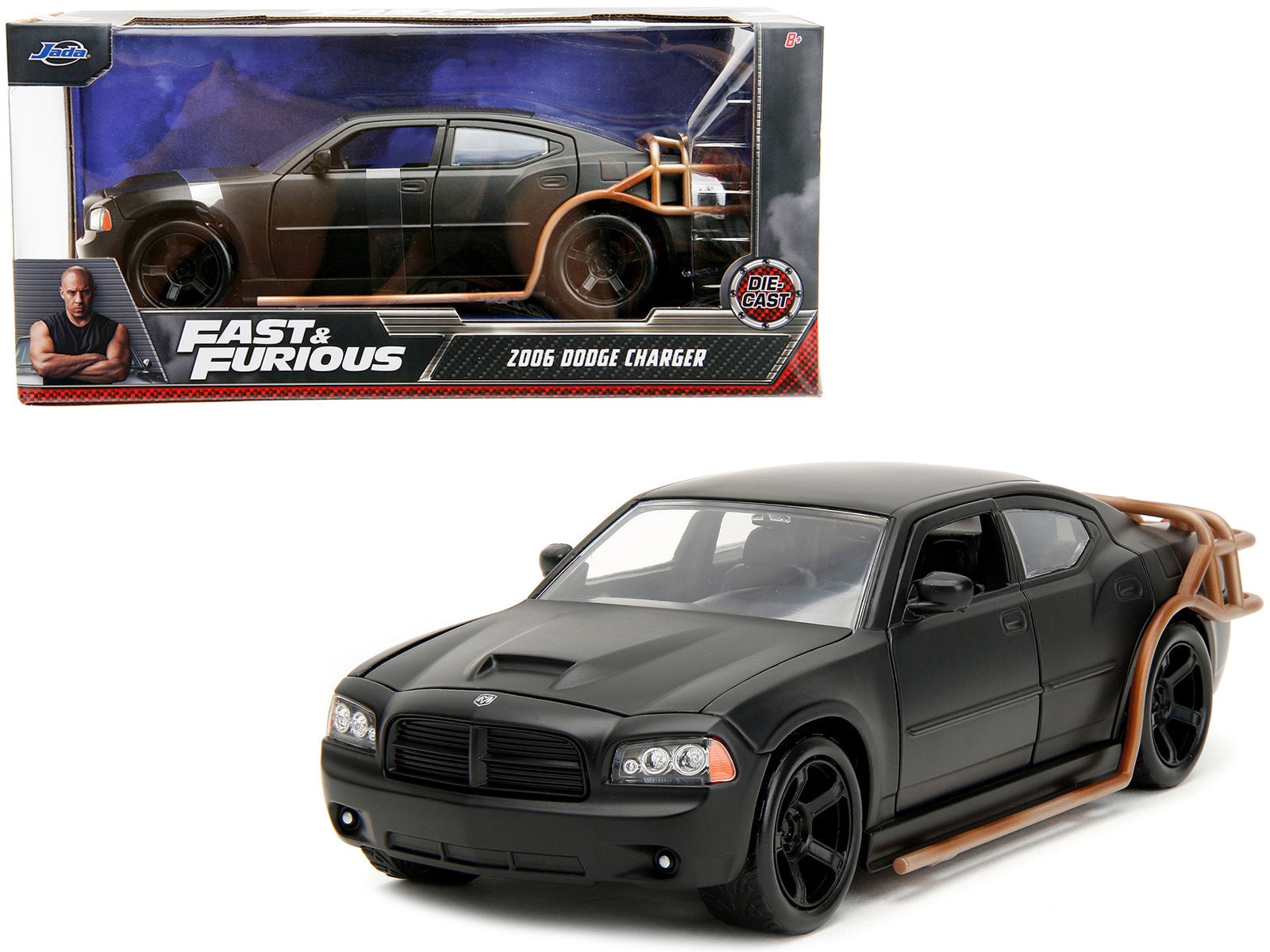 2006 Dodge Charger Matt Black with Outer Cage "Fast & Furious" Movie 1/24 Diecast Model Car by Jada free shipping USA - Rapid Vehicles