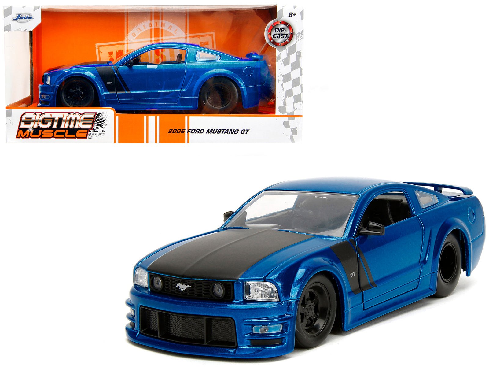 2006 Ford Mustang GT Blue Metallic with Matt Black Hood and Stripes "Bigtime Muscle" Series 1/24 Diecast Model Car by Jada free shipping USA - Rapid Vehicles