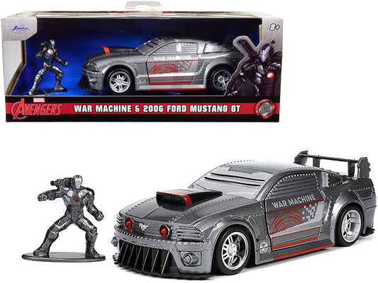 2006 Ford Mustang GT Gray Metallic and War Machine Diecast Figurine "Avengers" "Marvel" Series "Hollywood Rides" Series 1/32 Diecast Model Car by Jada free shipping USA - Rapid Vehicles